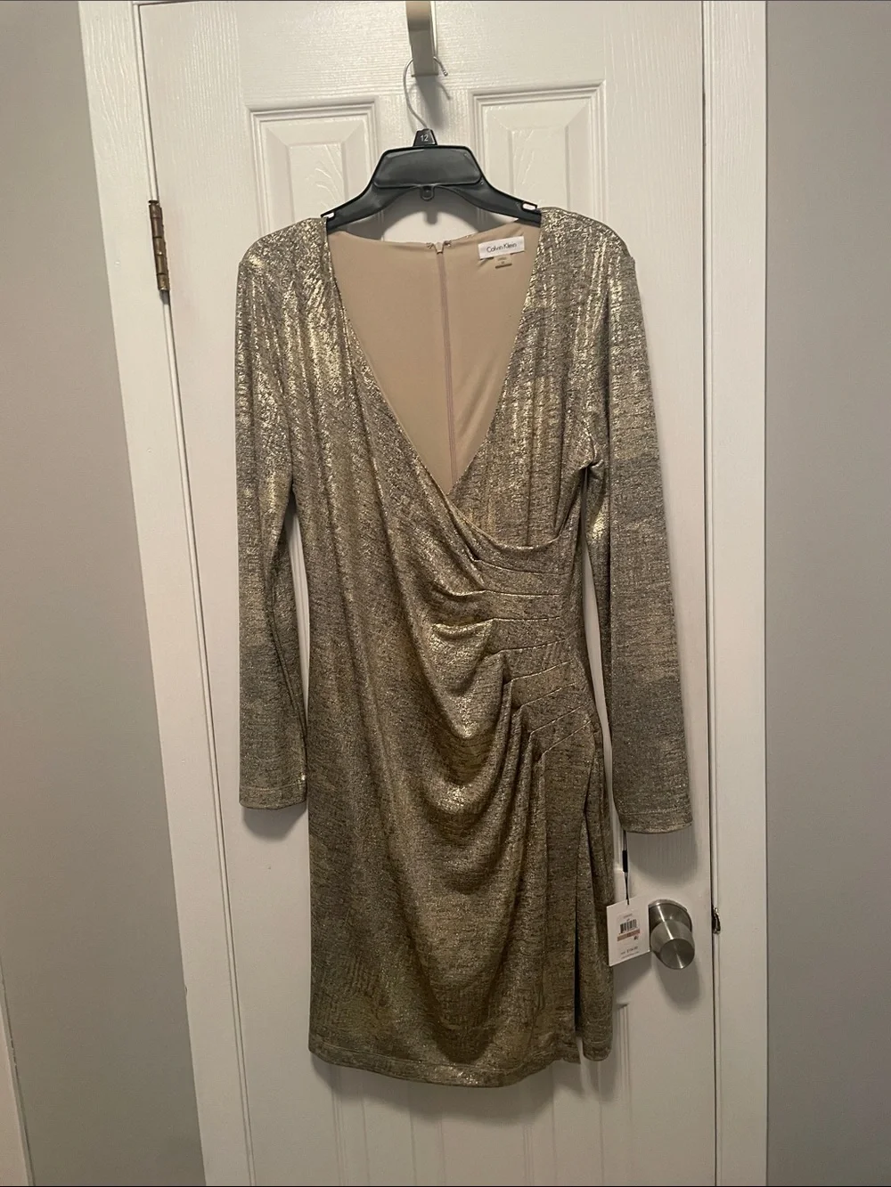 calvin klein gold dress Womens Metallic Faux Wrap Cocktail 12 INSTAGRAM